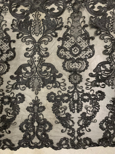 Vivian BLACK Polyester Embroidery with Sequins on Mesh Lace Fabric by the Yard for Gown, Wedding, Bridesmaid, Prom - 10003
