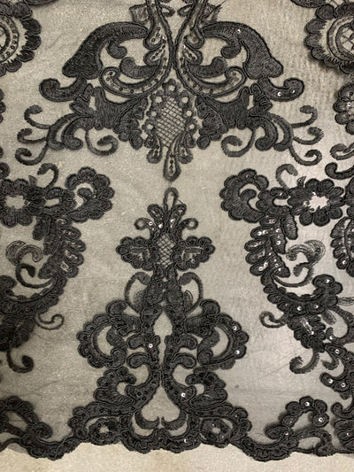 Vivian BLACK Polyester Embroidery with Sequins on Mesh Lace Fabric by the Yard for Gown, Wedding, Bridesmaid, Prom - 10003