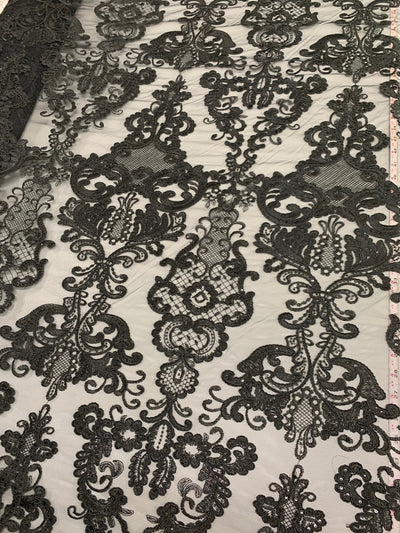 Vivian BLACK Polyester Embroidery with Sequins on Mesh Lace Fabric by the Yard for Gown, Wedding, Bridesmaid, Prom - 10003