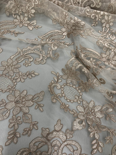 Elise TAUPE Polyester Corded Floral Embroidery on Mesh Lace Fabric by the Yard - 10029