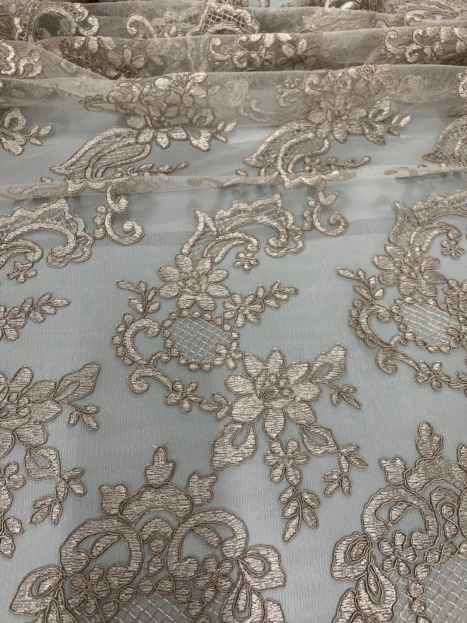 Elise TAUPE Polyester Corded Floral Embroidery on Mesh Lace Fabric by the Yard - 10029