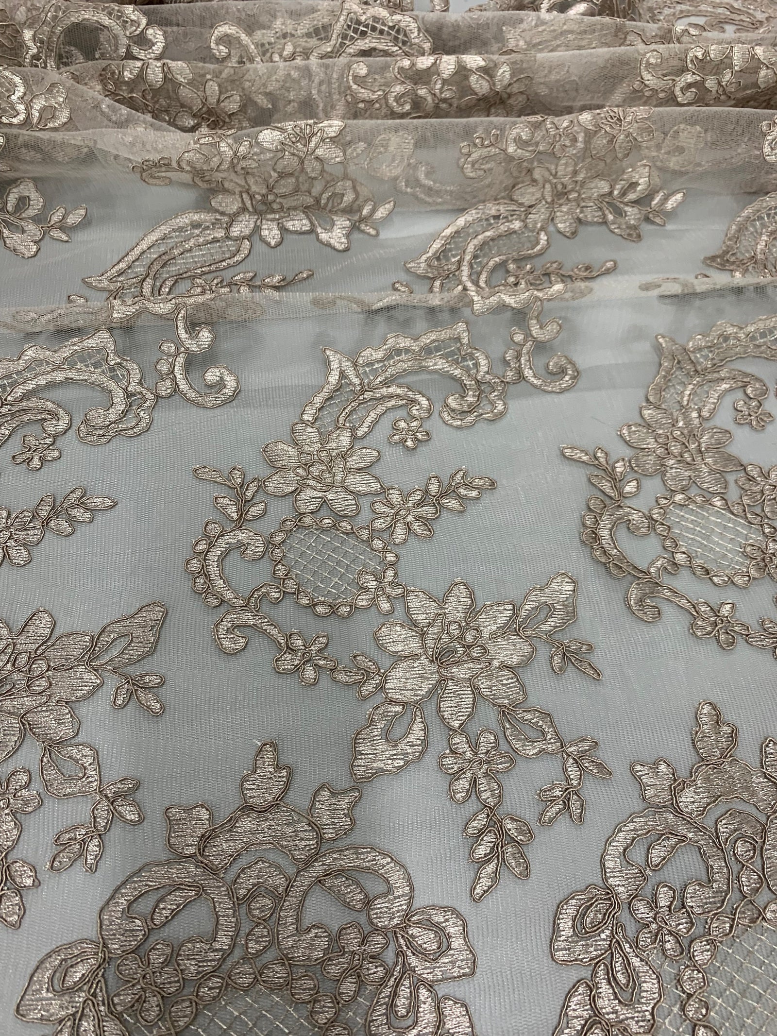 Elise TAUPE Polyester Corded Floral Embroidery on Mesh Lace Fabric by the Yard - 10029