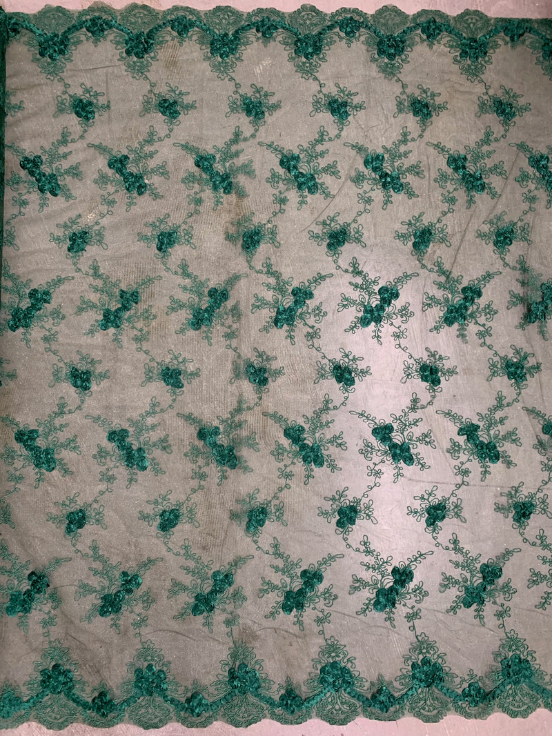 Andrea HUNTER GREEN 3-D Floral Matte Corded Embroidery on Mesh Lace Fabric by the Yard - 10016