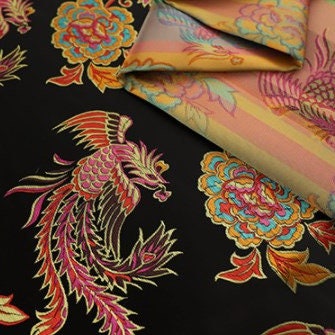 Aiko BLACK Dragon Floral Brocade Chinese Satin Fabric for Cheongsam/Qipao, Apparel, Costumes, Upholstery, Bags, Crafts - 10212