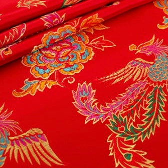 Aiko RED Dragon Floral Brocade Chinese Satin Fabric for Cheongsam/Qipao, Apparel, Costumes, Upholstery, Bags, Crafts - 10212