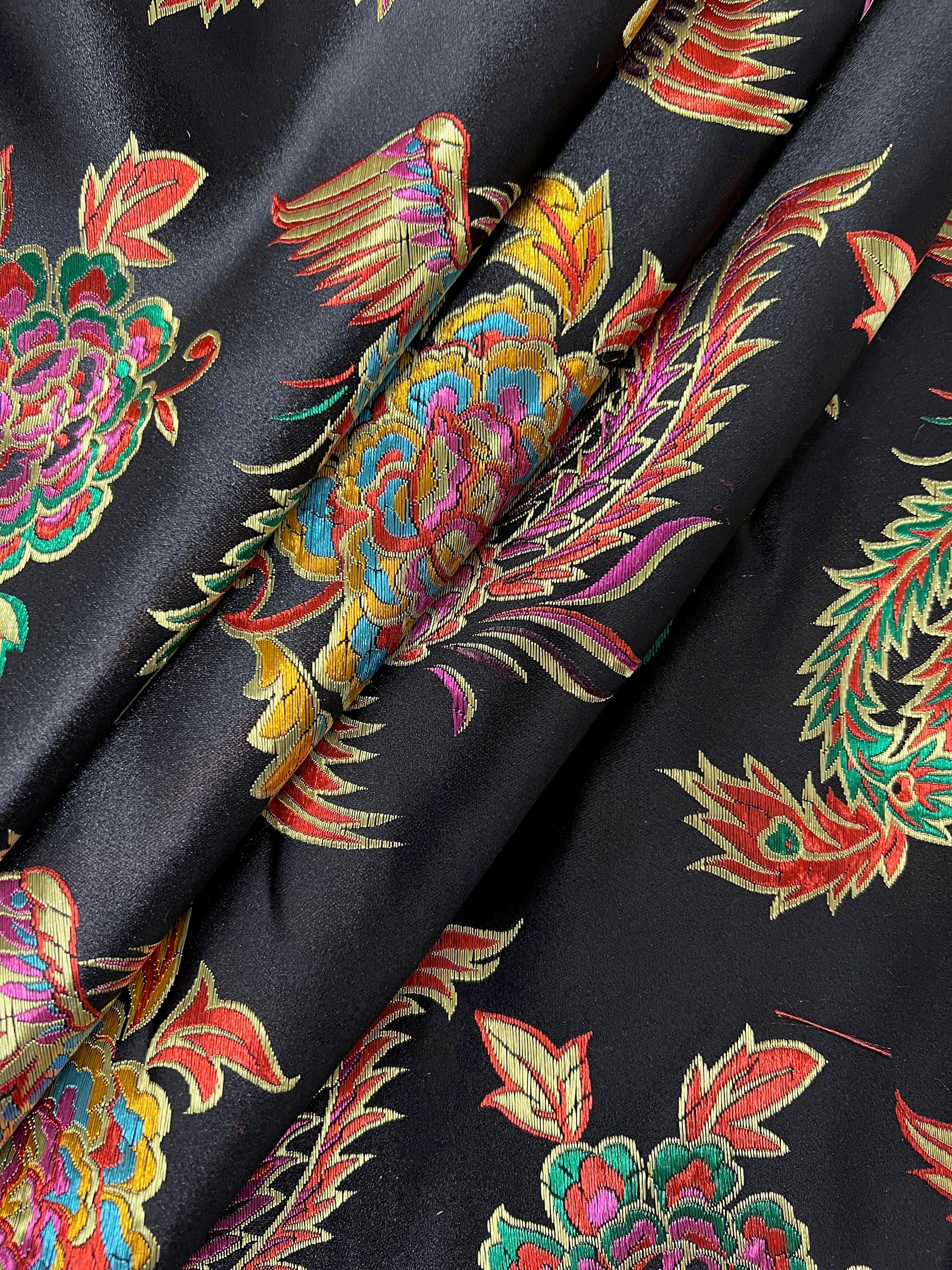 Aiko BLACK Dragon Floral Brocade Chinese Satin Fabric for Cheongsam/Qipao, Apparel, Costumes, Upholstery, Bags, Crafts - 10212
