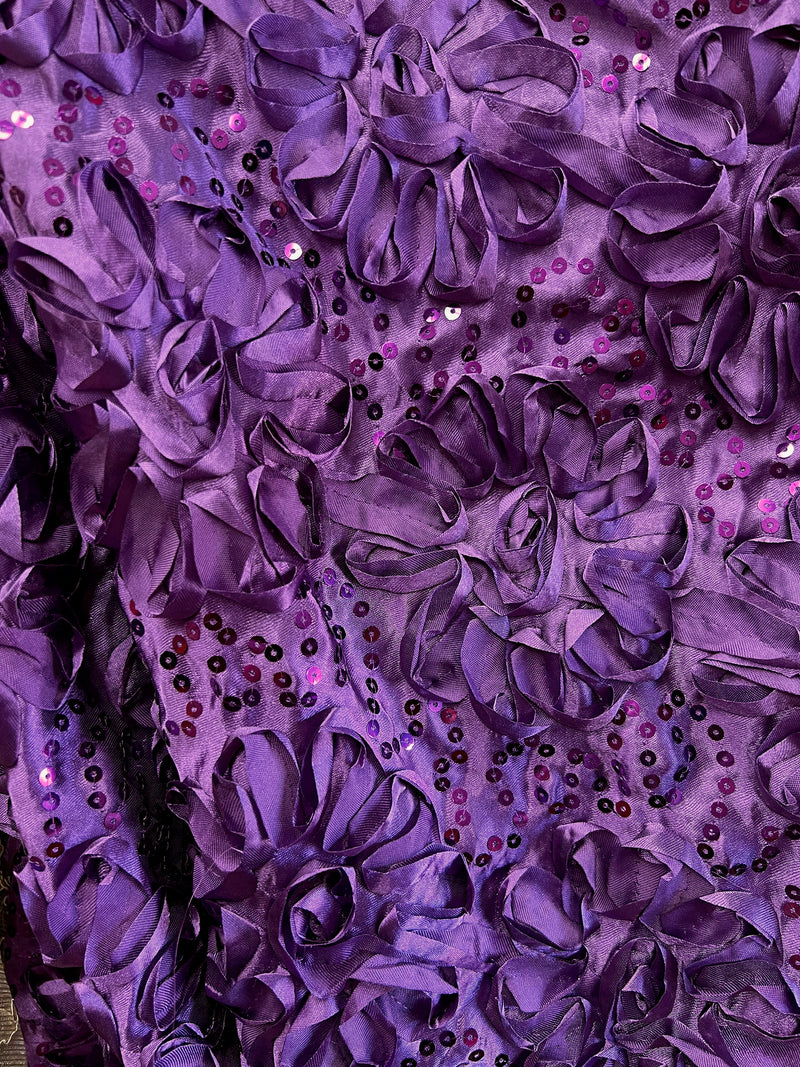 Allie PURPLE 3D Floral Polyester Satin Rosette with Sequins Fabric by the Yard - 10051