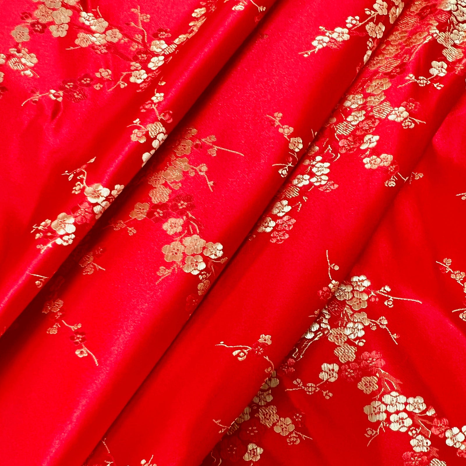 Kori RED Plum Blossom Floral Brocade Chinese Satin Fabric for Cheongsam/Qipao, Apparel, Costumes, Upholstery, Bags, Crafts - 10210