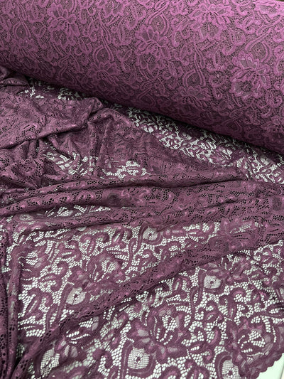 Elaine PLUM Floral Scalloped Nylon Spandex Stretch Lace Light Weight Fabric for Clothes, Lingerie, Costumes, Decorations, Crafts