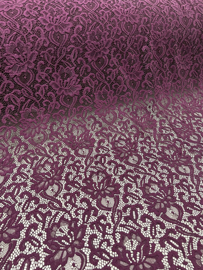 Elaine PLUM Floral Scalloped Nylon Spandex Stretch Lace Light Weight Fabric for Clothes, Lingerie, Costumes, Decorations, Crafts