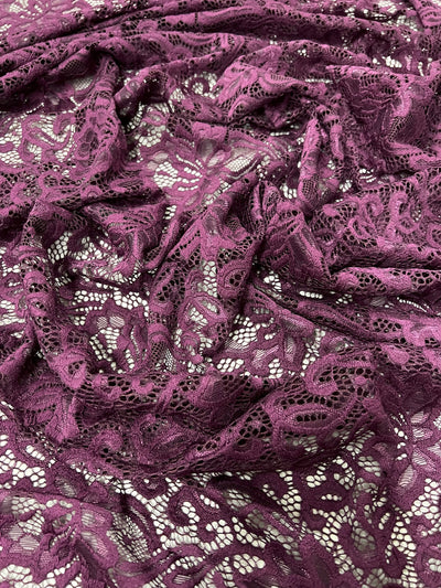 Elaine PLUM Floral Scalloped Nylon Spandex Stretch Lace Light Weight Fabric for Clothes, Lingerie, Costumes, Decorations, Crafts