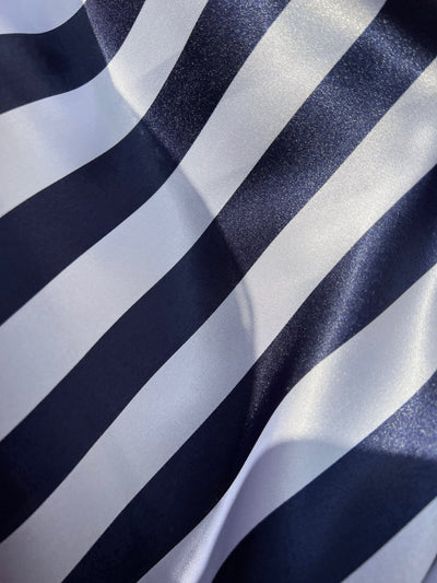 Annie NAVY BLUE & WHITE 1" Stripes Pattern Polyester Light Weight Satin Fabric by the Yard - 10081