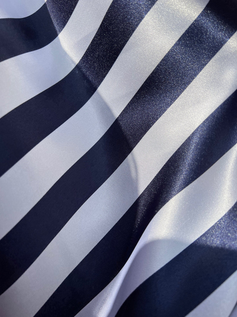 Annie NAVY BLUE & WHITE 1" Stripes Pattern Polyester Light Weight Satin Fabric by the Yard - 10081