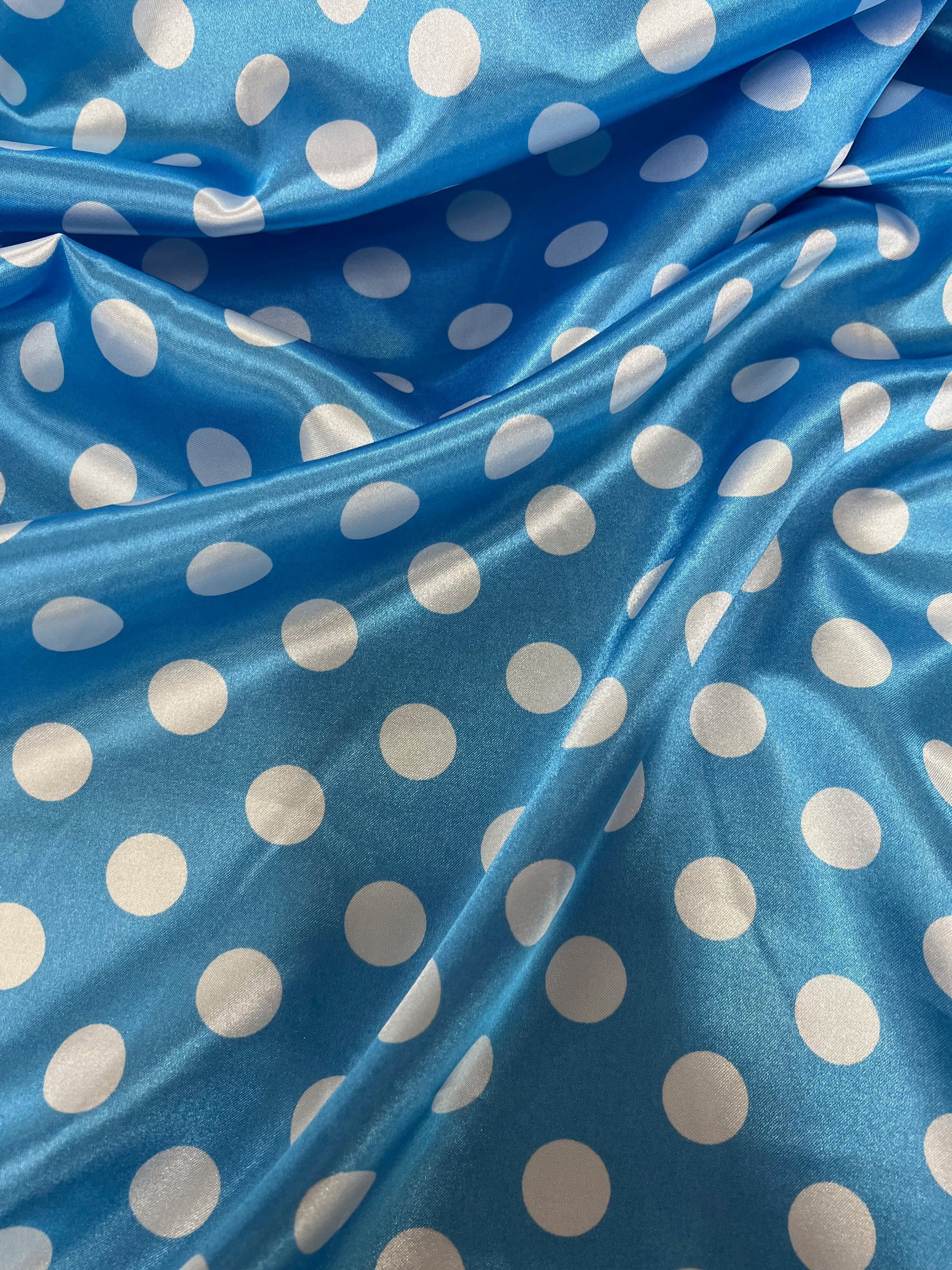 Shelby 0.75" WHITE Polka Dots on TURQUOISE Polyester Light Weight Satin Fabric by the Yard - 10070
