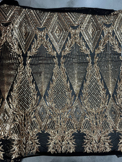 Francesca GOLD Vines and Diamonds Pattern Sequins on BLACK Mesh Lace Fabric by the Yard - 10130