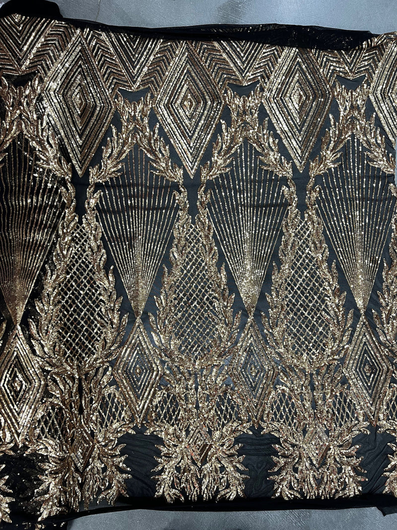 Francesca GOLD Vines and Diamonds Pattern Sequins on BLACK Mesh Lace Fabric by the Yard - 10130