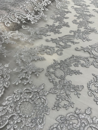 Elise GREY Polyester Corded Floral Embroidery on Mesh Lace Fabric by the Yard - 10029