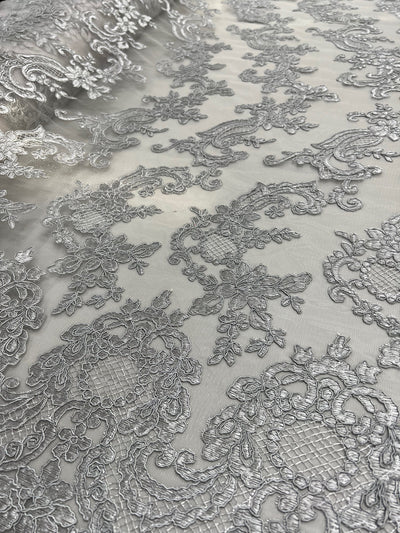 Elise GREY Polyester Corded Floral Embroidery on Mesh Lace Fabric by the Yard - 10029