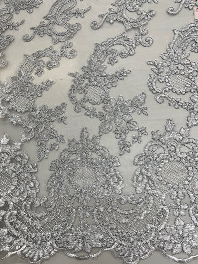 Elise GREY Polyester Corded Floral Embroidery on Mesh Lace Fabric by the Yard - 10029