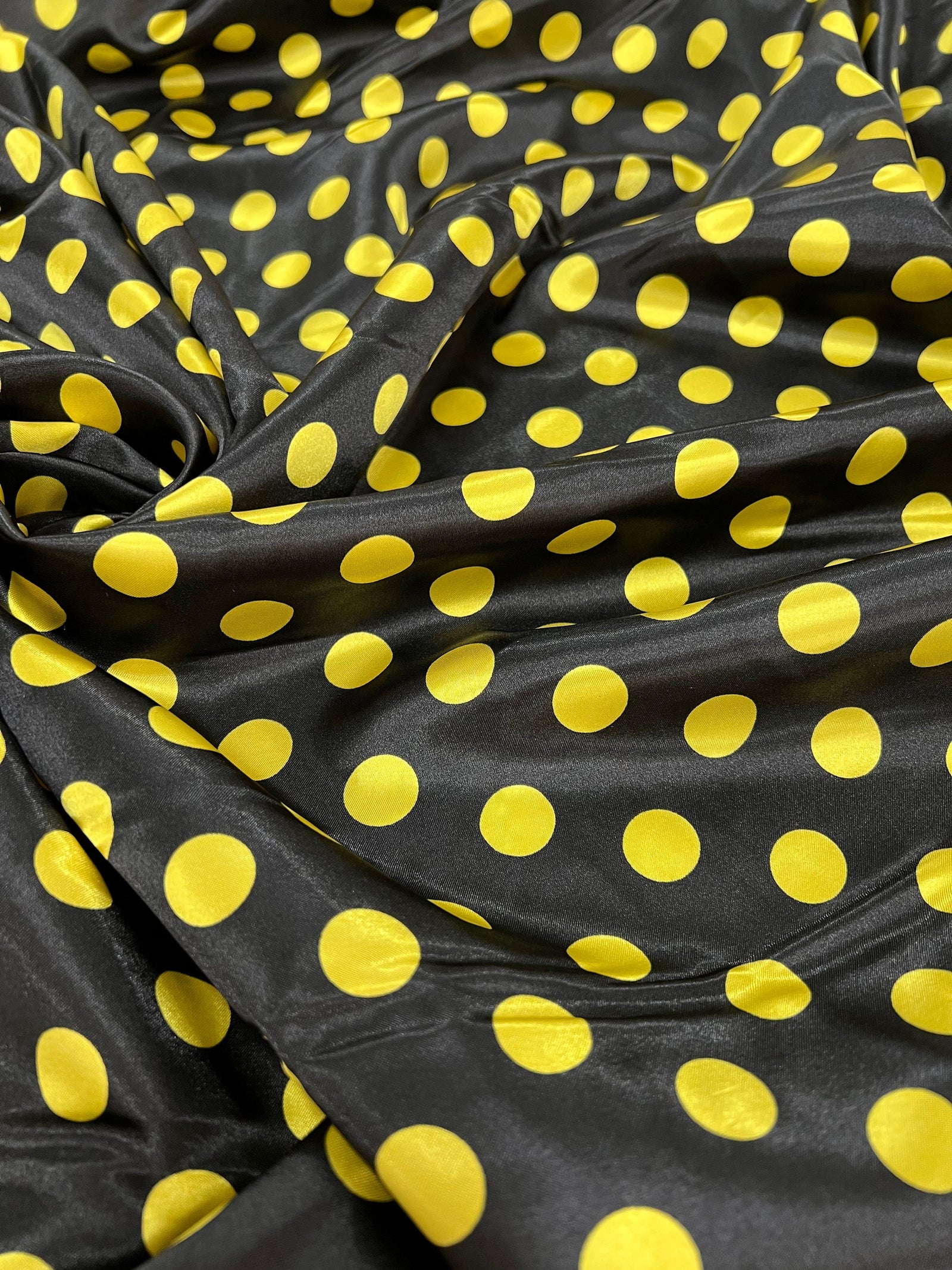 Shelby 0.75" YELLOW Polka Dots on BLACK Polyester Light Weight Satin Fabric by the Yard - 10070