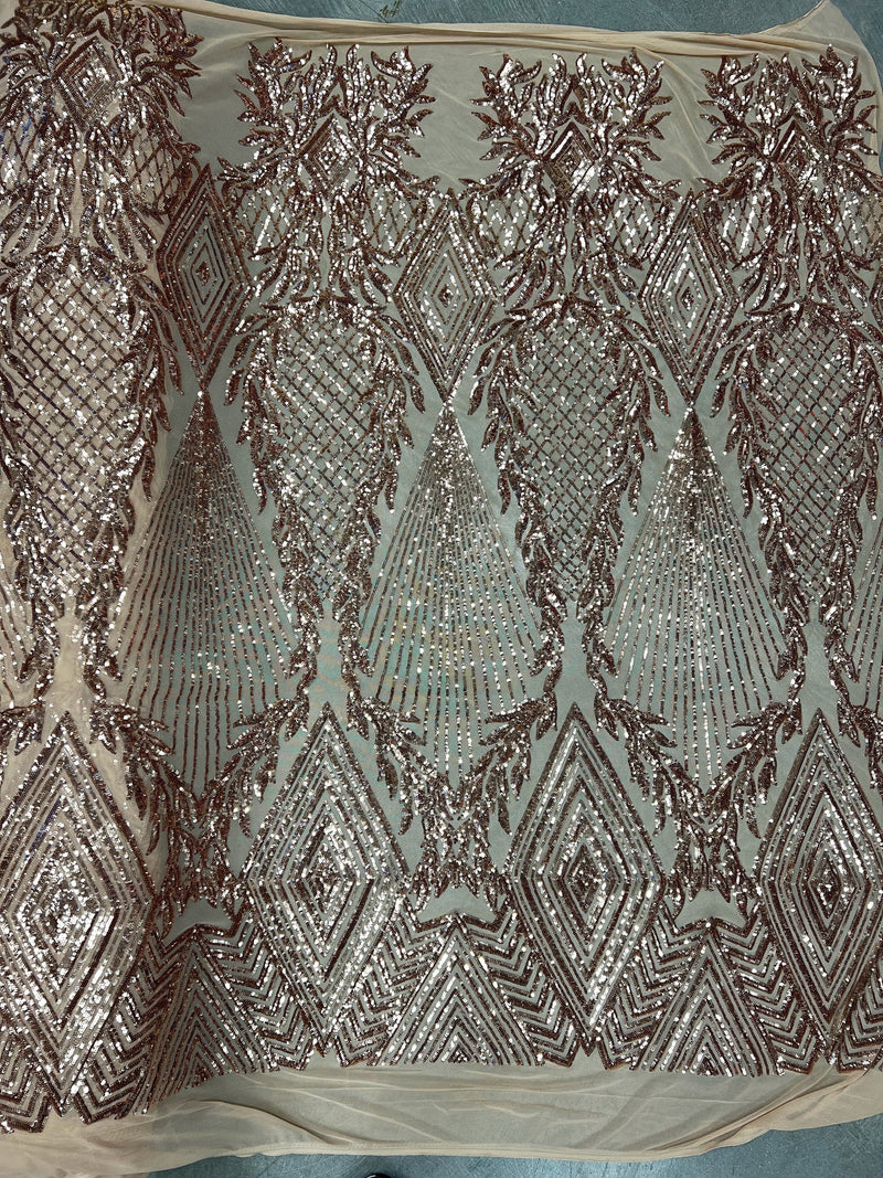 Francesca BRONZE Vines and Diamonds Pattern Sequins on Mesh Lace Fabric by the Yard - 10130