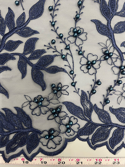 Veronica NAVY BLUE Faux Pearls Beaded Flowers and Leaves Lace Embroidery on Mesh Fabric by the Yard - 10100