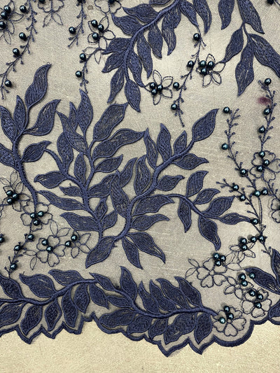 Veronica NAVY BLUE Faux Pearls Beaded Flowers and Leaves Lace Embroidery on Mesh Fabric by the Yard - 10100
