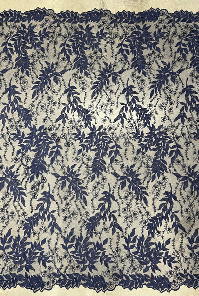 Veronica NAVY BLUE Faux Pearls Beaded Flowers and Leaves Lace Embroidery on Mesh Fabric by the Yard - 10100