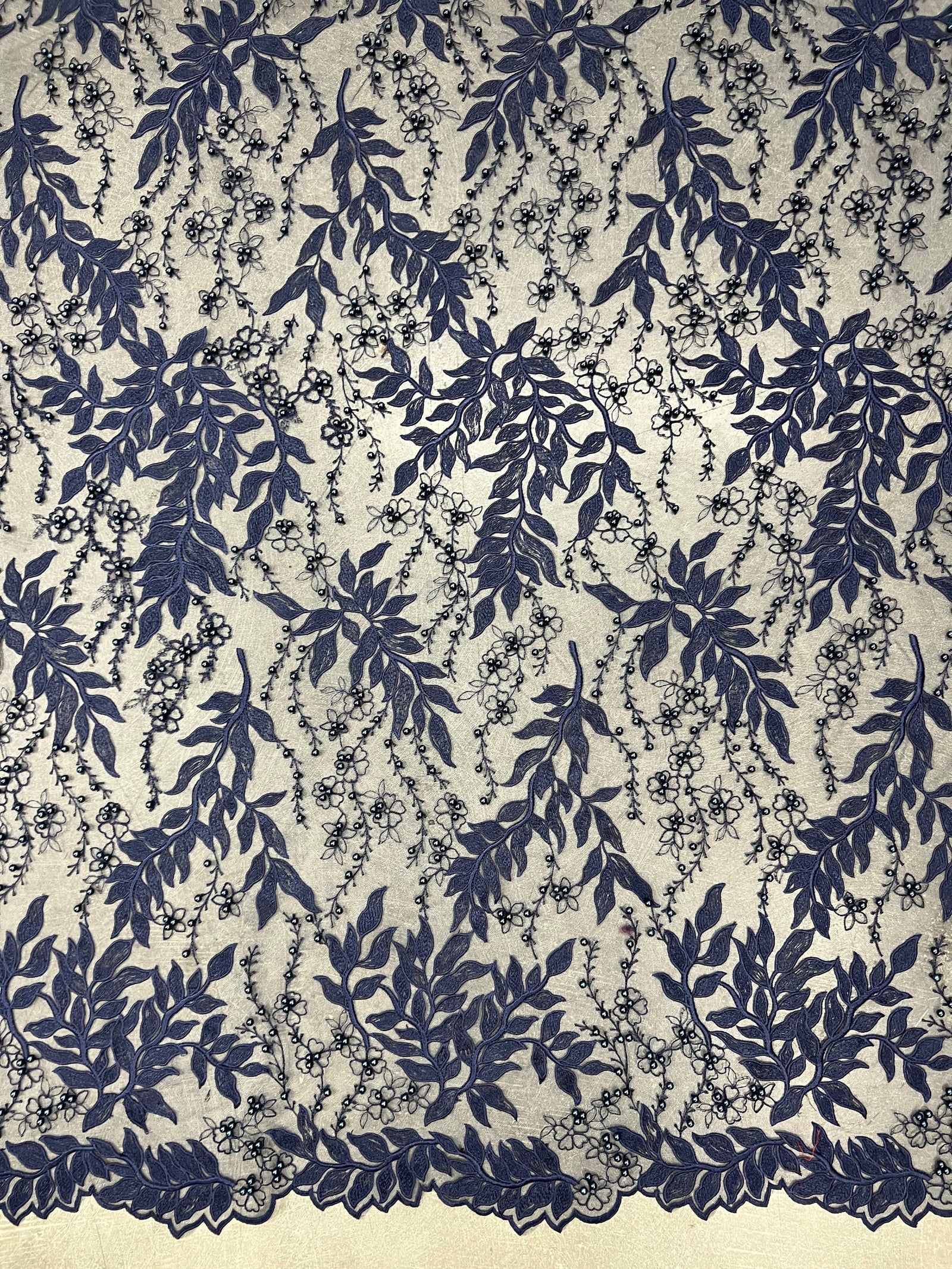 Veronica NAVY BLUE Faux Pearls Beaded Flowers and Leaves Lace Embroidery on Mesh Fabric by the Yard - 10100