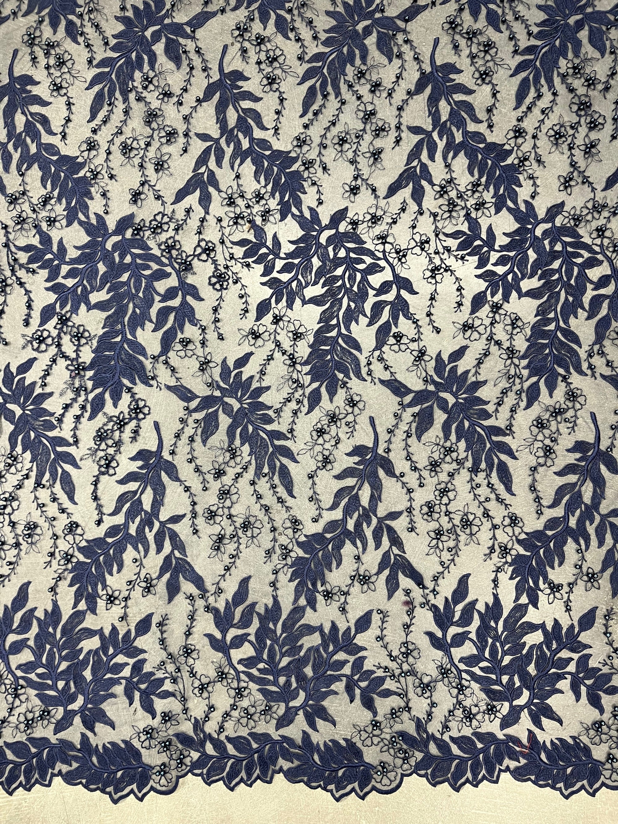 Veronica NAVY BLUE Faux Pearls Beaded Flowers and Leaves Lace Embroidery on Mesh Fabric by the Yard - 10100