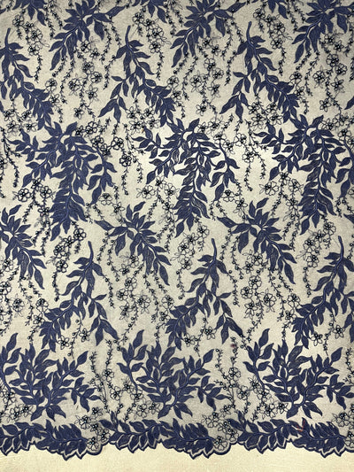 Veronica NAVY BLUE Faux Pearls Beaded Flowers and Leaves Lace Embroidery on Mesh Fabric by the Yard - 10100