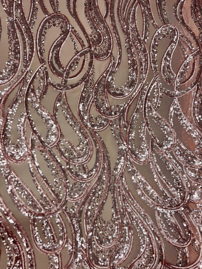 Lorelei DUSTY PINK Swirls Sequins on Mesh Lace Fabric by the Yard - 10133