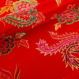 Aiko RED Dragon Floral Brocade Chinese Satin Fabric for Cheongsam/Qipao, Apparel, Costumes, Upholstery, Bags, Crafts - 10212