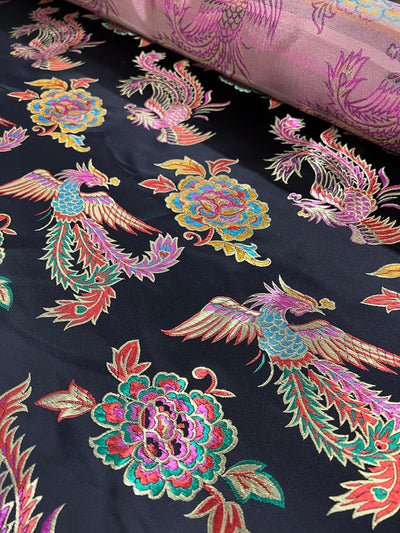 Aiko BLACK Dragon Floral Brocade Chinese Satin Fabric for Cheongsam/Qipao, Apparel, Costumes, Upholstery, Bags, Crafts - 10212