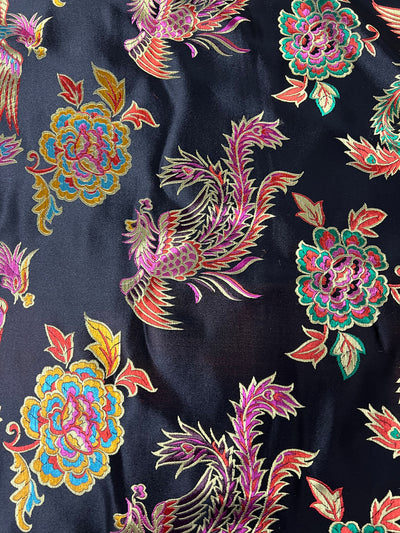 Aiko BLACK Dragon Floral Brocade Chinese Satin Fabric for Cheongsam/Qipao, Apparel, Costumes, Upholstery, Bags, Crafts - 10212