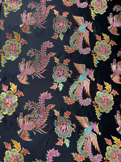 Aiko BLACK Dragon Floral Brocade Chinese Satin Fabric for Cheongsam/Qipao, Apparel, Costumes, Upholstery, Bags, Crafts - 10212