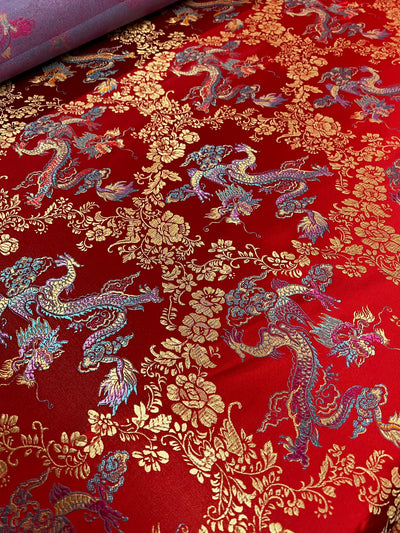 Kai RED Dragon Brocade Chinese Satin Fabric for Cheongsam/Qipao, Apparel, Costumes, Bags, Crafts - 10211