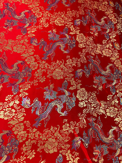 Kai RED Dragon Brocade Chinese Satin Fabric for Cheongsam/Qipao, Apparel, Costumes, Bags, Crafts - 10211
