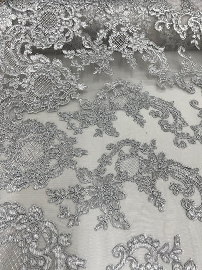Elise GREY Polyester Corded Floral Embroidery on Mesh Lace Fabric by the Yard - 10029