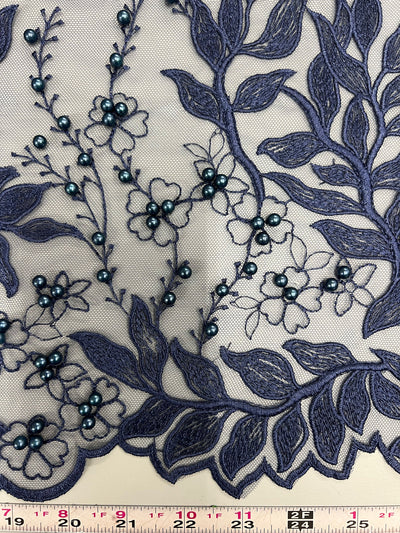 Veronica NAVY BLUE Faux Pearls Beaded Flowers and Leaves Lace Embroidery on Mesh Fabric by the Yard - 10100