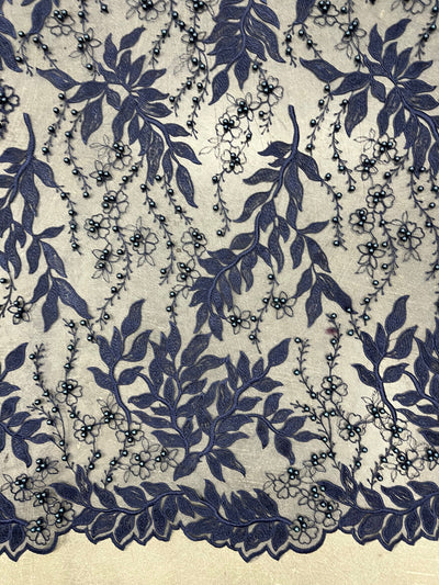 Veronica NAVY BLUE Faux Pearls Beaded Flowers and Leaves Lace Embroidery on Mesh Fabric by the Yard - 10100