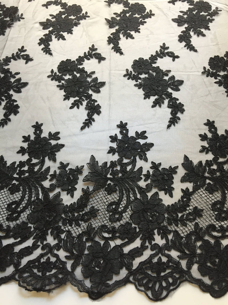 Diana BLACK Polyester Corded Floral Embroidery on Mesh Lace Fabric by the Yard - 10064