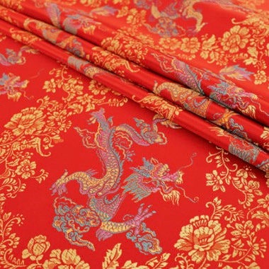 Kai RED Dragon Brocade Chinese Satin Fabric for Cheongsam/Qipao, Apparel, Costumes, Bags, Crafts - 10211