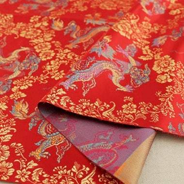 Kai RED Dragon Brocade Chinese Satin Fabric for Cheongsam/Qipao, Apparel, Costumes, Bags, Crafts - 10211