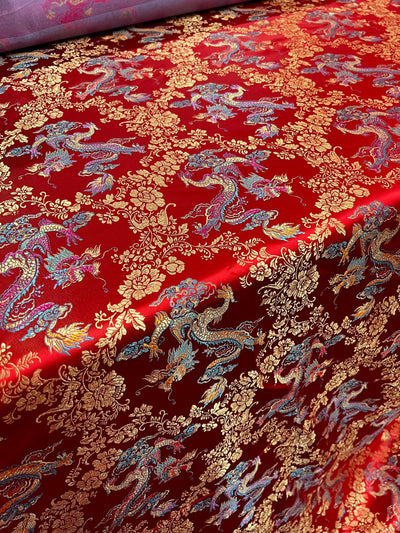 Kai RED Dragon Brocade Chinese Satin Fabric for Cheongsam/Qipao, Apparel, Costumes, Bags, Crafts - 10211