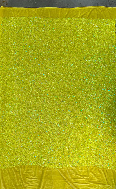 Stephanie YELLOW Sequins on YELLOW Stretch Velvet Fabric by the Yard for Gowns, Dresses, Tops, Skirts, Costumes, Crafts - 10185