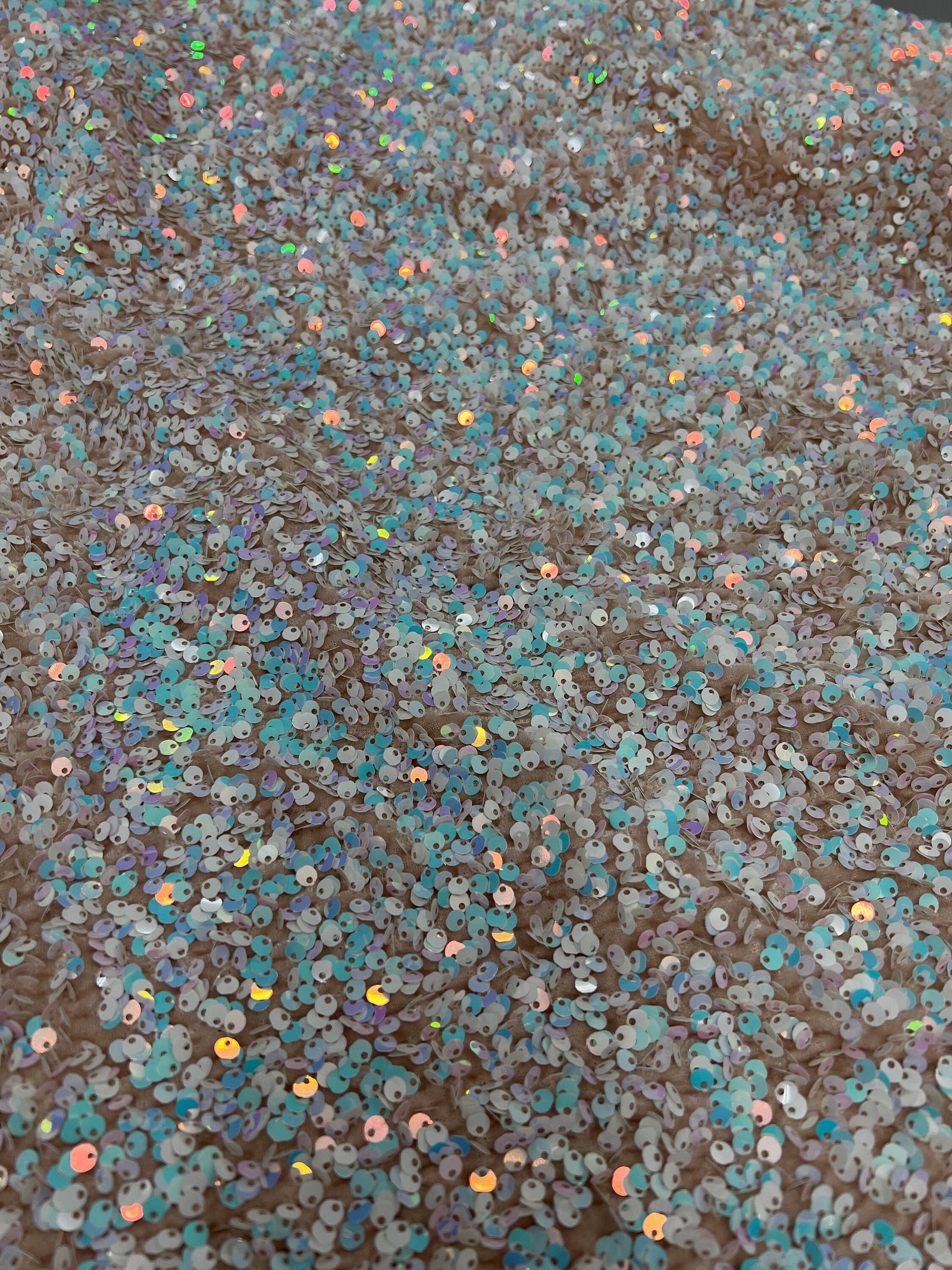 Stephanie IRIDESCENT WHITE Overlap Sequins on NUDE Stretch Velvet Fabric for Gowns, Apparel, Costumes, Crafts - 10185