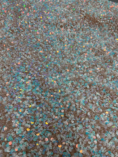 Stephanie IRIDESCENT WHITE Overlap Sequins on NUDE Stretch Velvet Fabric for Gowns, Apparel, Costumes, Crafts - 10185