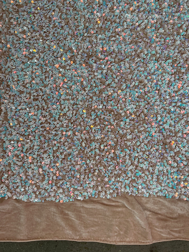 Stephanie IRIDESCENT WHITE Overlap Sequins on NUDE Stretch Velvet Fabric for Gowns, Apparel, Costumes, Crafts - 10185