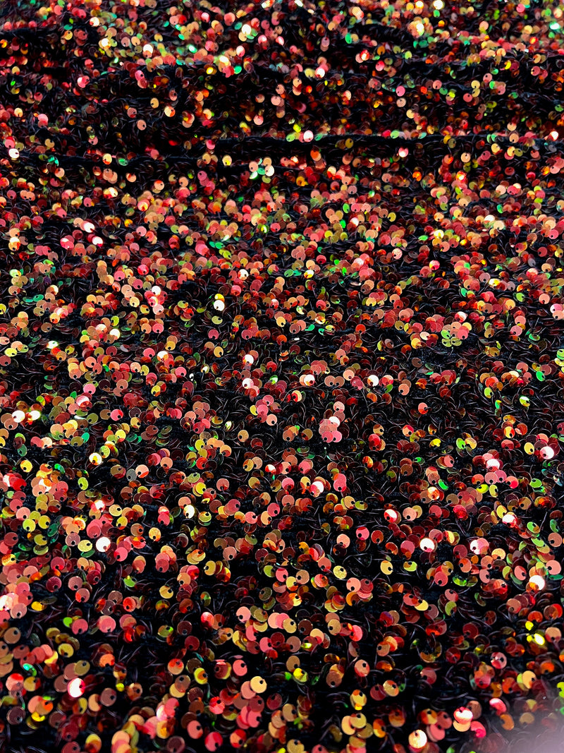 Stephanie MULTI COLORED Overlap Sequins on BLACK Stretch Velvet Fabric by the Yard for Gowns, Apparel, Costumes, Crafts - 10185